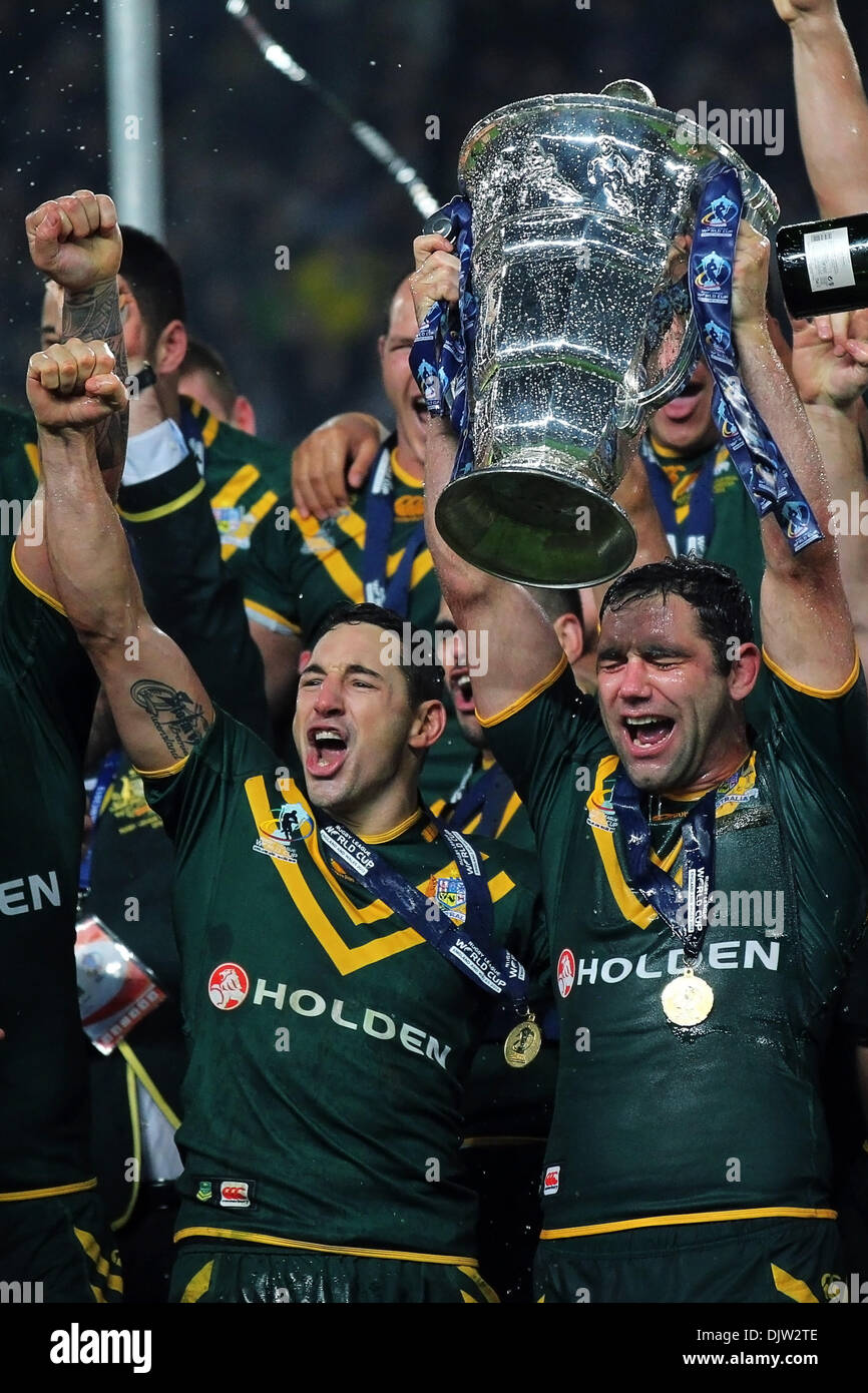 Manchester, UK. 30th Nov, 2013. Cameron Smith (Australia &amp; Melbourne Storm) of Team Australia lifts the trophy and celebrate winning the Rugby League World Cup Final between New Zealand and Australia at Old Trafford Manchester. Credit:  Action Plus Sports/Alamy Live News Stock Photo