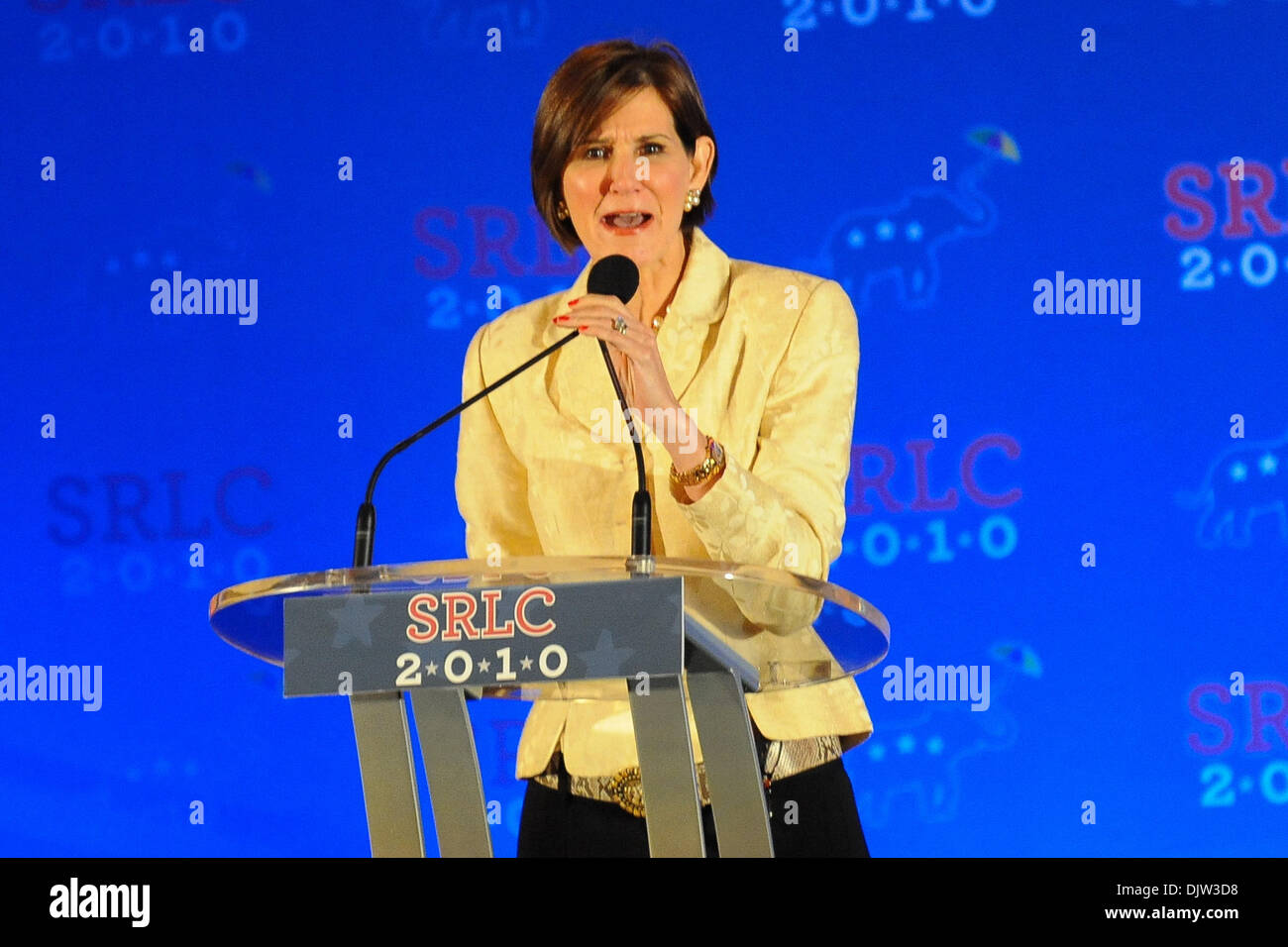 Political consultant, Mary Matalin, addresses the crowd during the