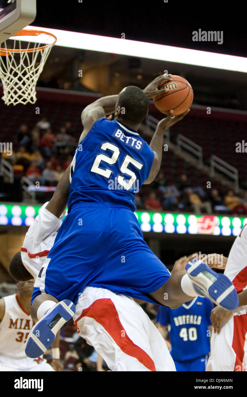11 March 2010: Buffalo Bulls Calvin Betts (25) drives to the basket during  the NCAA college basketball game between the Miami (OH) RedHawks and the  Buffalo Bulls at the Quicken Loans Arena