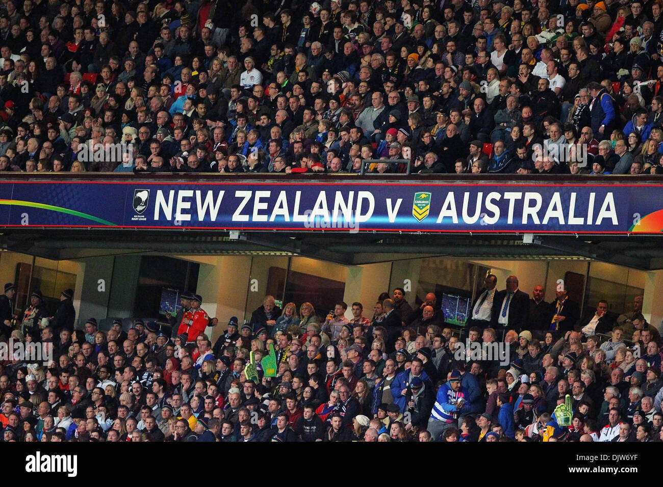 Manchester, UK. 30th Nov, 2013. Australia and New Zealand fans in action during the Rugby League World Cup Final between New Zealand and Australia at Old Trafford Manchester. Credit:  Action Plus Sports/Alamy Live News Stock Photo