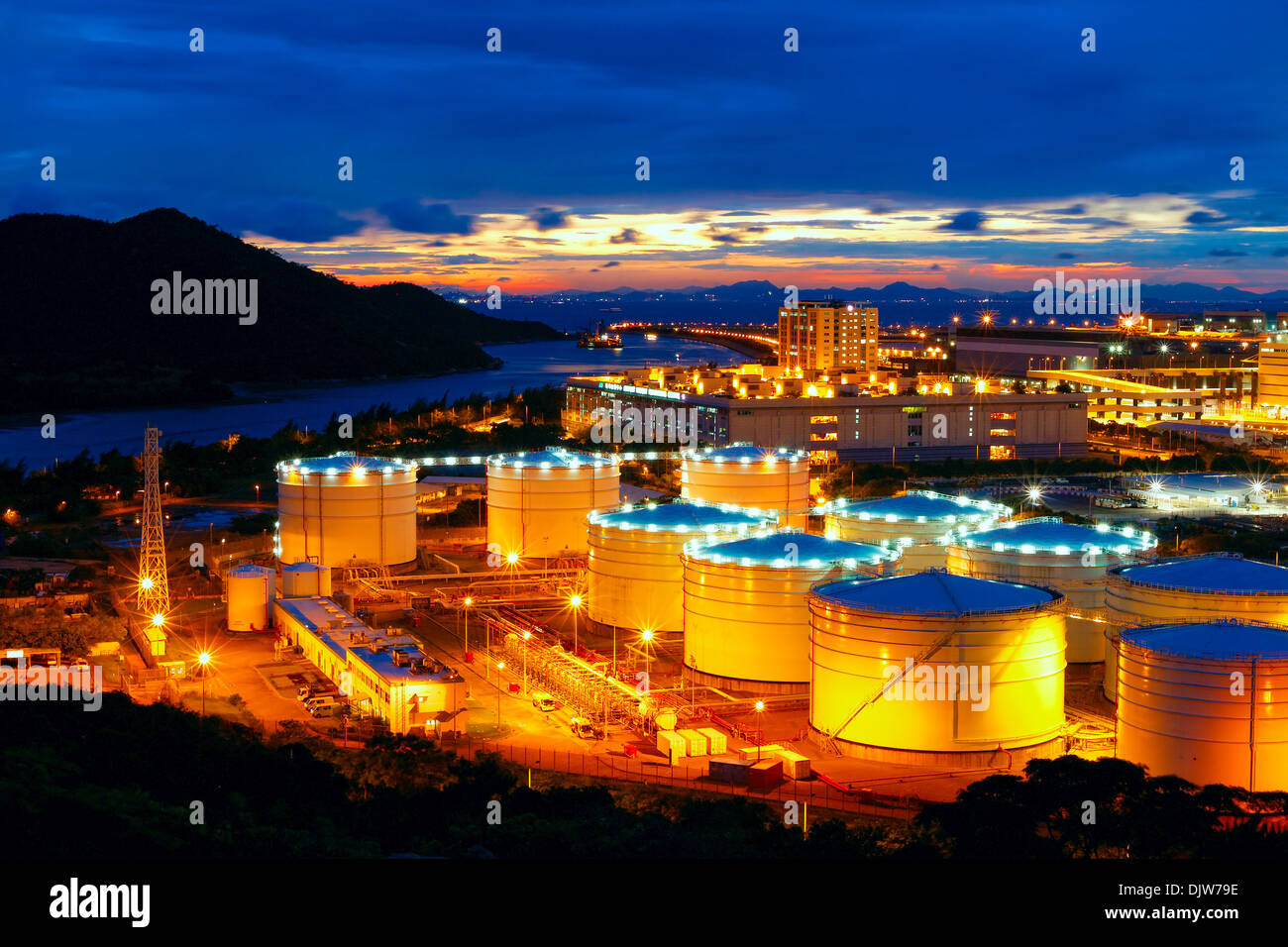 Oil tanks at night , hongkong tung chung Stock Photo Alamy