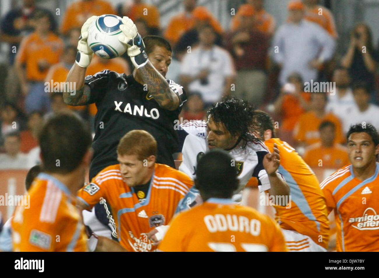 Nick Rimando (#18) for the Real Salt Lake snatches a high ball on a corner kick.  With two back to back penalty kicks in the second half, the Houston Dynamo defeated Real Salt Lake 2-1 at Robertson Stadium in Houston, TX. (Credit Image: © Anthony Vasser/Southcreek Global/ZUMApress.com) Stock Photo