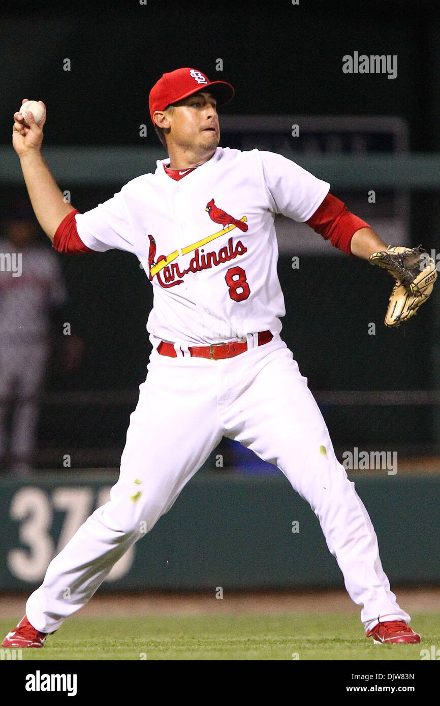 St. Louis Cardinals shortstop Allen Craig (8) throws a ball back into the  infield after being hit into left field by a Mets batter during Saturday's  game at Busch Stadium in St.