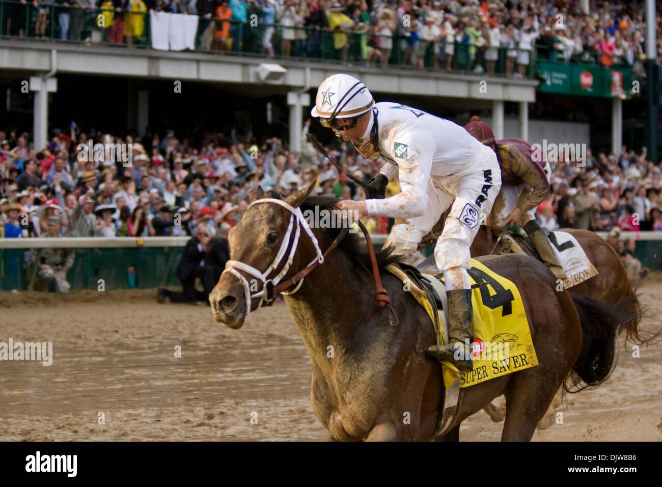 01 May 2010: Jockey Calvin Borel aboard Super Saver (4) crosses the finish line to win the 136th running of the Kentucky Derby before a crowd of 155,084 at Churchill Downs in Louisville, KY..Mandatory Credit: Frank Jansky / Southcreek Global (Credit Image: © Frank Jansky/Southcreek Global/ZUMApress.com) Stock Photo