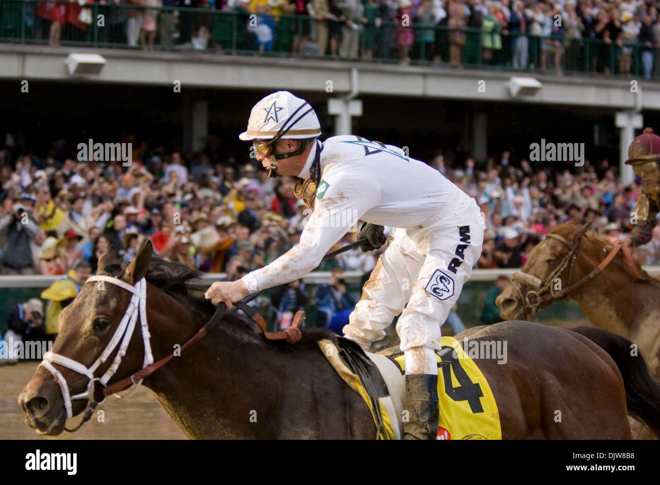 01 May 2010: Jockey Calvin Borel aboard Super Saver (4) crosses the finish line to win the 136th running of the Kentucky Derby before a crowd of 155,084 at Churchill Downs in Louisville, KY..Mandatory Credit: Frank Jansky / Southcreek Global (Credit Image: © Frank Jansky/Southcreek Global/ZUMApress.com) Stock Photo