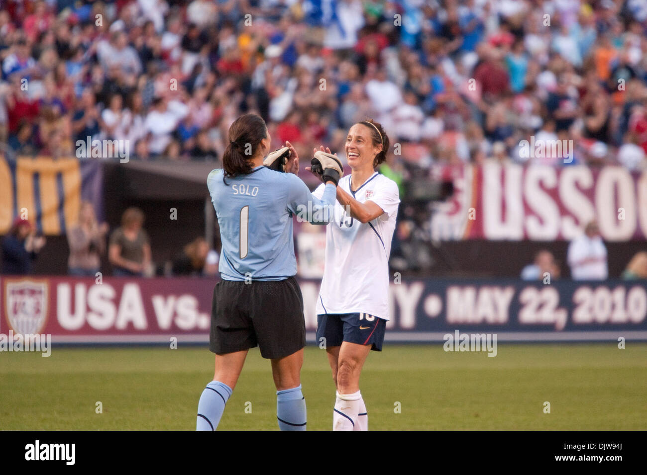 22 May 2010: Goalkeeper Hope Solo (1) and defender Kate Markgraf (15) of the United States celebrate following U.S. Womens National Team vs Germany International Friendly soccer match played at Cleveland Browns Stadium in Cleveland, Ohio.  The #1 ranked United States defeated  #2 ranked Germany 4-0..Mandatory Credit: Frank Jansky / Southcreek Global (Credit Image: © Frank Jansky/So Stock Photo