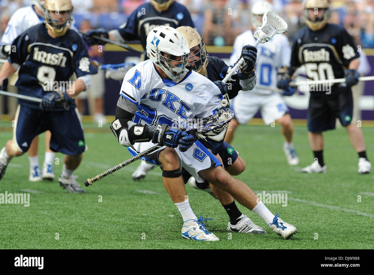 31 May 2010: Duke's Ned Crotty (22) works to spin by Notre Dame's David Earl (33) during the 2010 NCAA Division I Mens Lacrosse Championship held at M&T Bank Stadium in Baltimore, MD..Mandatory Credit: Russell Tracy / Southcreek Global (Credit Image: © Russell Tracy/Southcreek Global/ZUMApress.com) Stock Photo