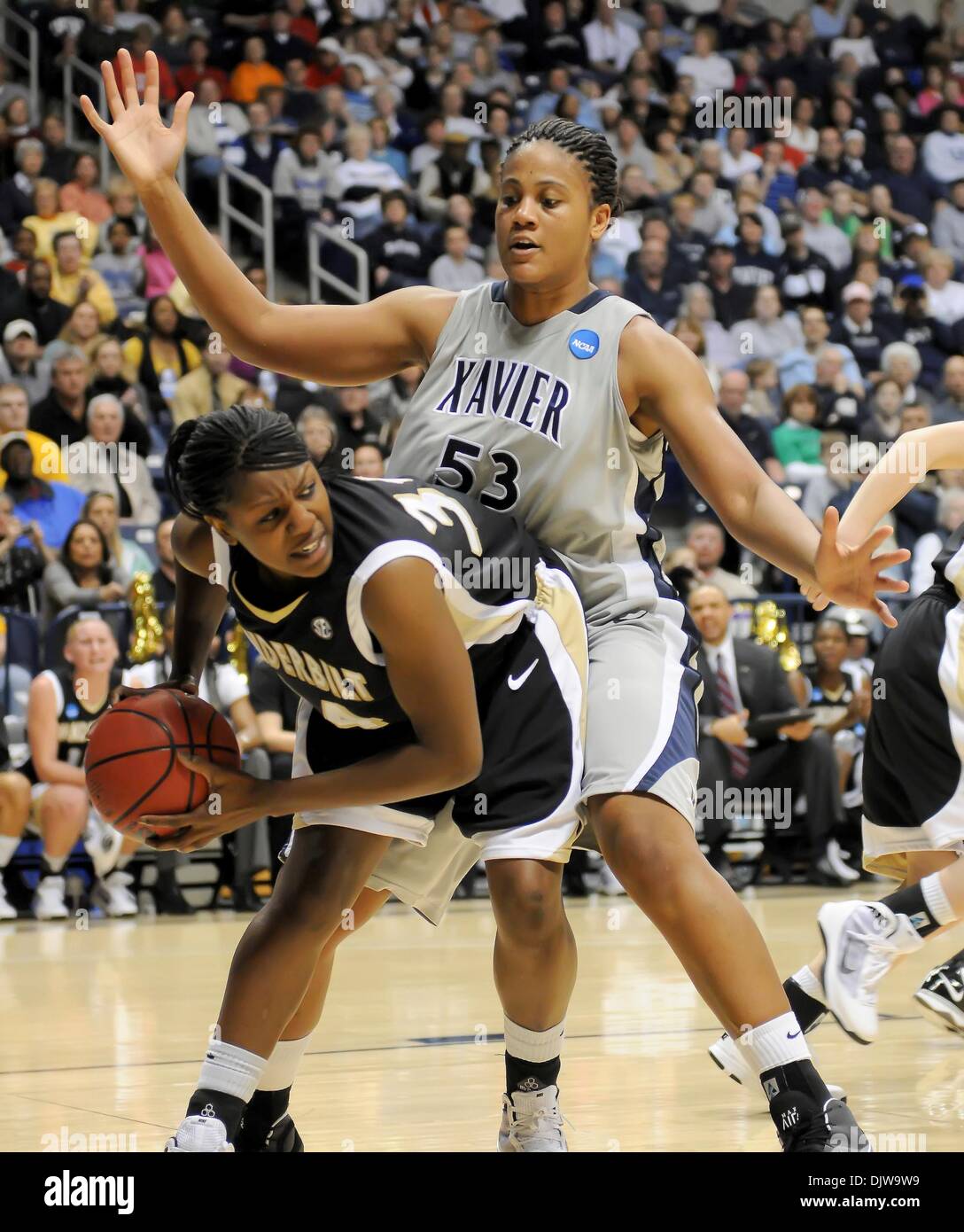 Mar. 23, 2010 - Cincinatti, Ohio, United States of America - Vanderbilt's forward Tiffany Clarke (34) up against great pressure from Xavier's center Ta'Shia Phillips (53).  Xavier beats Vanderbilt 63-62 at the Cintas Center in Cincinnati, Ohio. (Credit Image: © Scott Davis/Southcreek Global/ZUMApress.com) Stock Photo