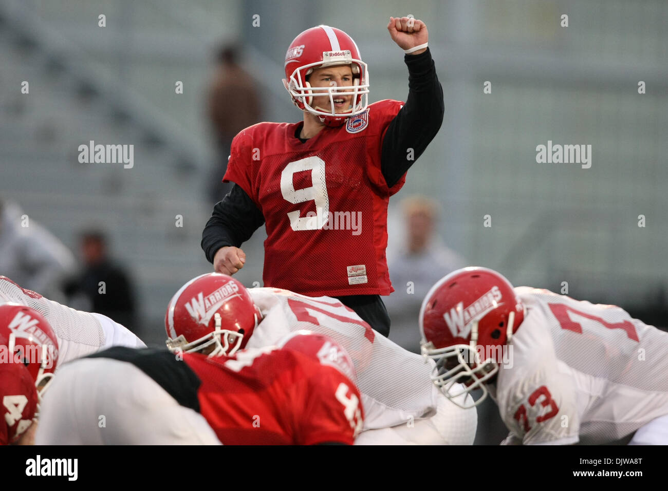 Apr. 17, 2010 - East Stroudsburg, Pennsylvania, U.S - 17 April 2010; East Stroudsburg, Pennsylvania:  East Stroudsburg quarterback Matt Marshall (9) calls the play at the line of scrimmage during the game action of the 2010 Spring Game played at Eiler-Martin Stadium in East Stroudsburg, Pennsylvania.  .Mandatory Credit: Alan Maglaque / Southcreek Global (Credit Image: © Southcreek  Stock Photo