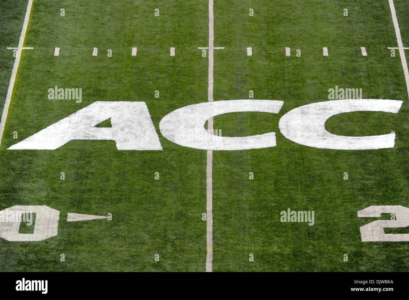 Syracuse, New York, USA. 30th Nov, 2013. November 30, 2013: General view of the Atlantic Coast Conference logo on the field prior to an NCAA Football game between the Boston College Eagles and the Syracuse Orange at the Carrier Dome in Syracuse, New York. Rich Barnes/CSM/Alamy Live News Stock Photo