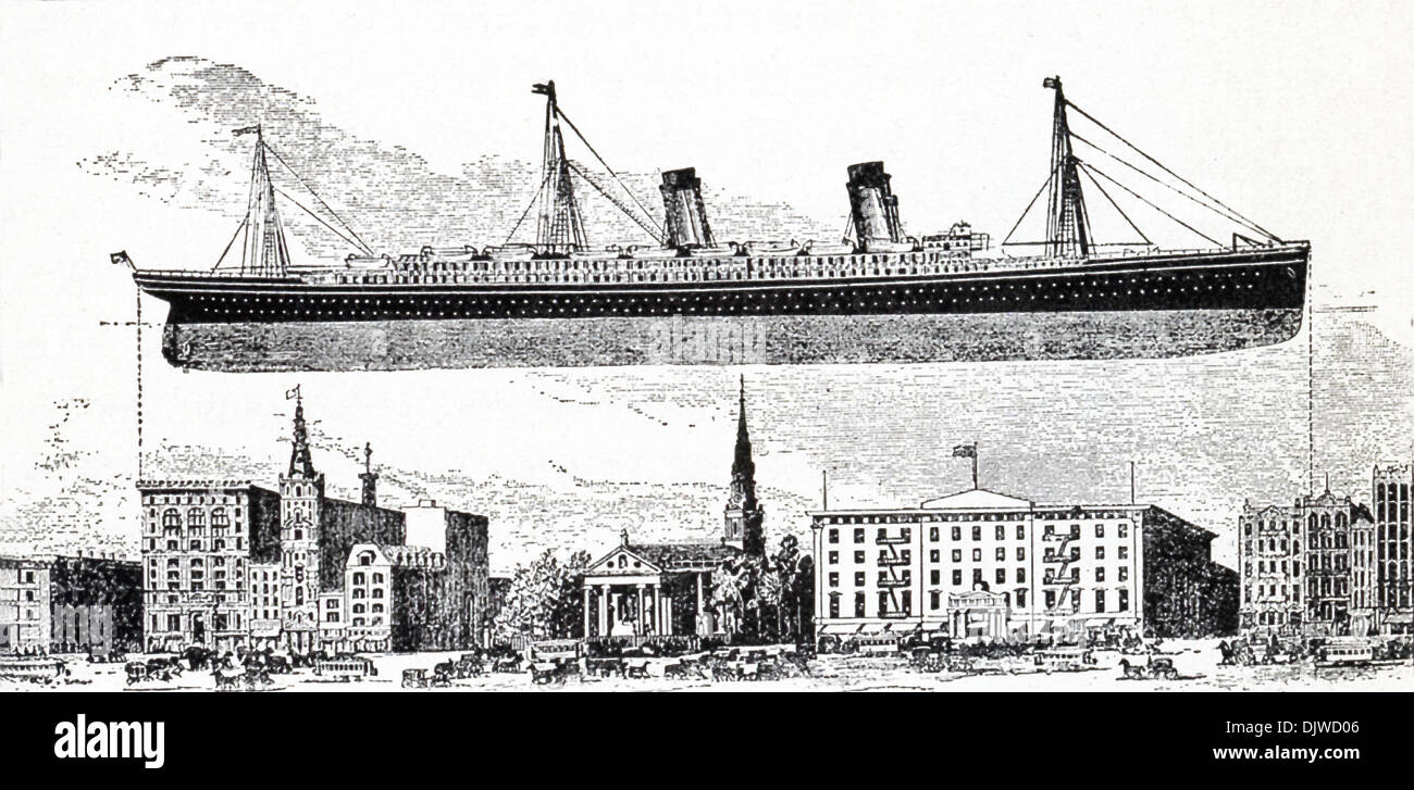 The RMS Oceanic is shown here by way of comparison with buildings on Broadway in New York. Stock Photo