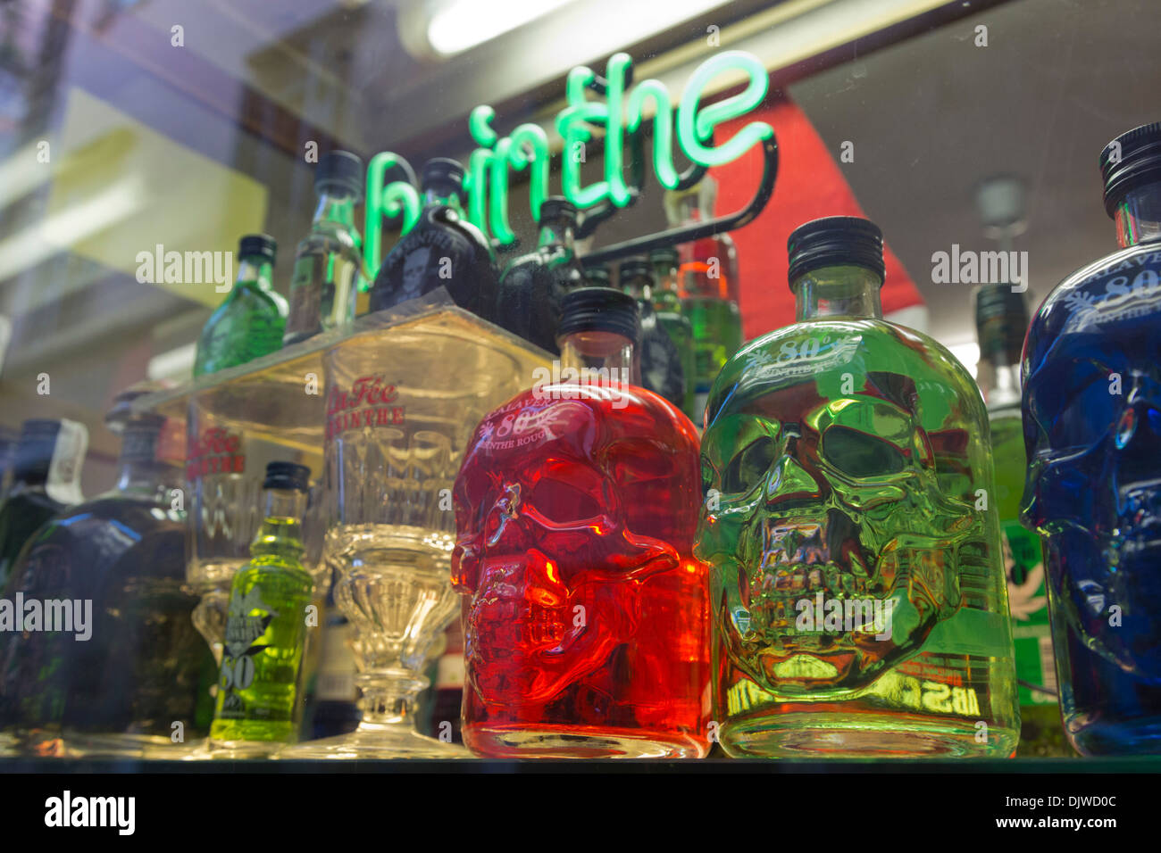 Absinthe bottles in the shape of skulls in a shop window Absinthe in the historic centre of Rome, Italy. Stock Photo