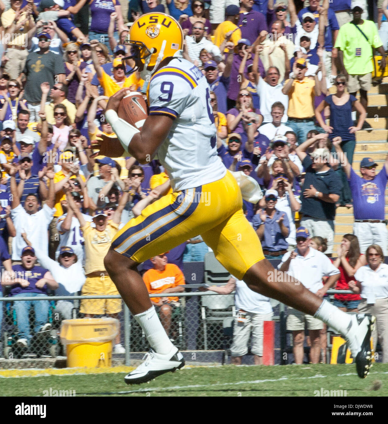 Oct. 2, 2010 - Baton Rouge, Louisiana, United States of America - LSU Tigers quarterback Jordan Jefferson (9) runs in for 86 yards touch down during the first half of NCAA Southeastern Conference at tiger stadium Baton Rouge, Louisiana.  LSU Tigers 7 Tennessee 7 during the first half. (Credit Image: © Gus Escanelle/Southcreek Global/ZUMApress.com) Stock Photo