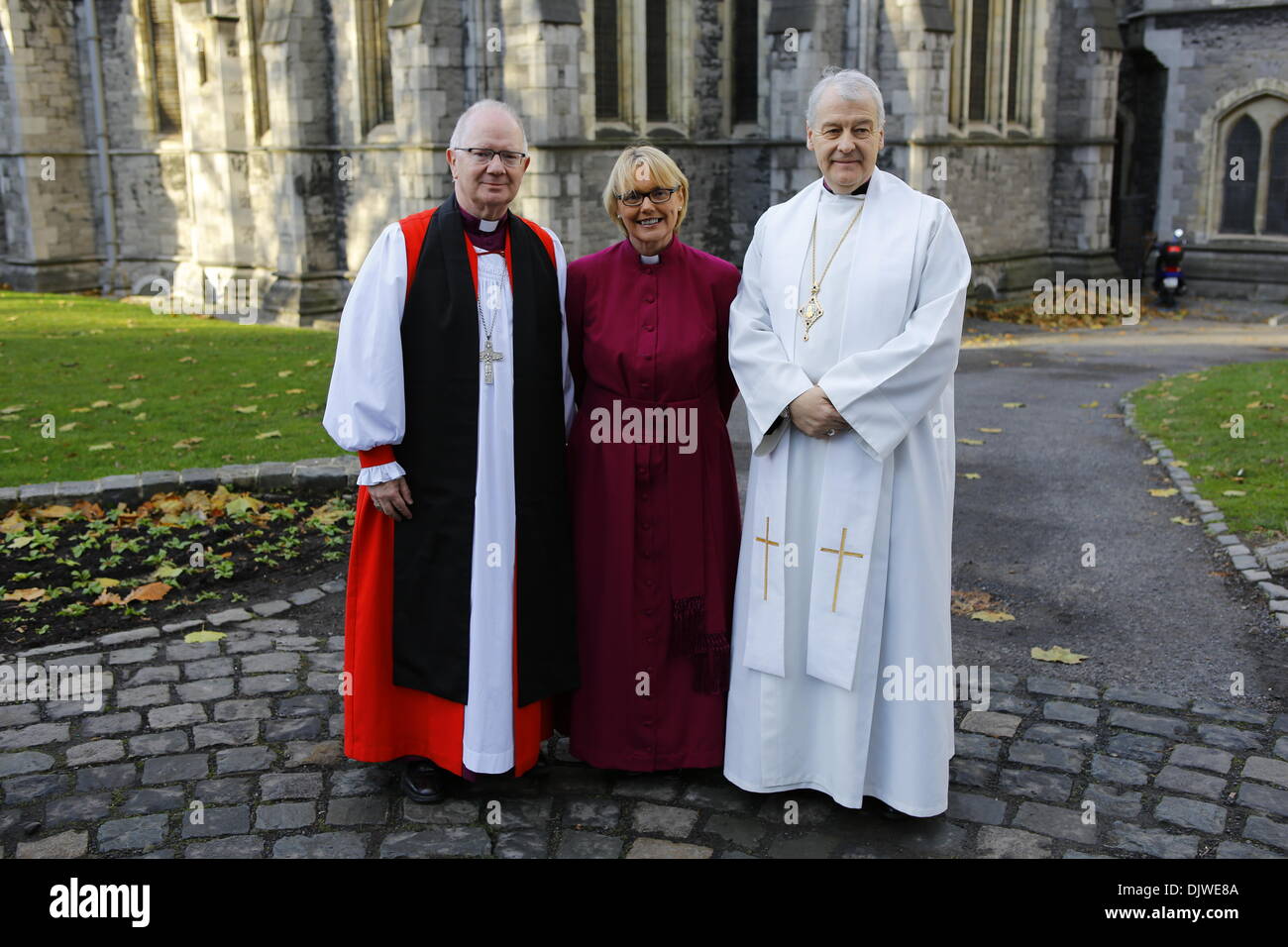 Dublin, Ireland. 30th November 2013. The bishop-elect the Revd Pat Storey (M) is pictured with the Archbishop of Armagh, the Most Revd Richard Clarke (L) and the Archbishop of Dublin, the Most Revd Dr Michael Jackson (R) before the service. The Most Revd Pat Storey has been consecrated as Church of Ireland Bishop of Meath and Kildare in Dublin's Christ Church Cathedral. Credit:  Michael Debets/Alamy Live News Stock Photo
