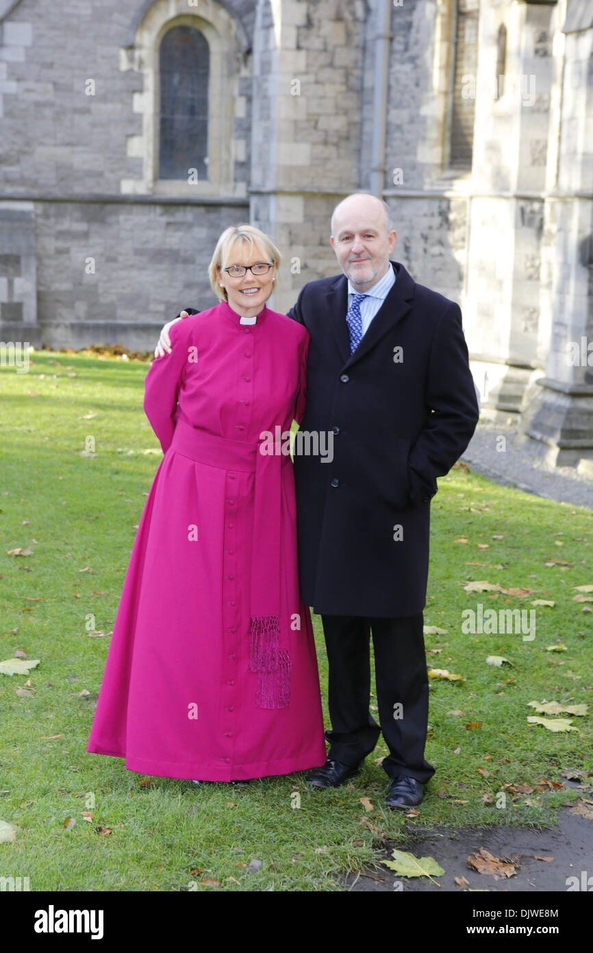 Dublin, Ireland. 30th November 2013. The bishop-elect the Revd Pat Storey (L) is pictured with her husband the Revd Earl Storey (R) before the service. The Most Revd Pat Storey has been consecrated as Church of Ireland Bishop of Meath and Kildare in Dublin's Christ Church Cathedral. Credit:  Michael Debets/Alamy Live News Stock Photo
