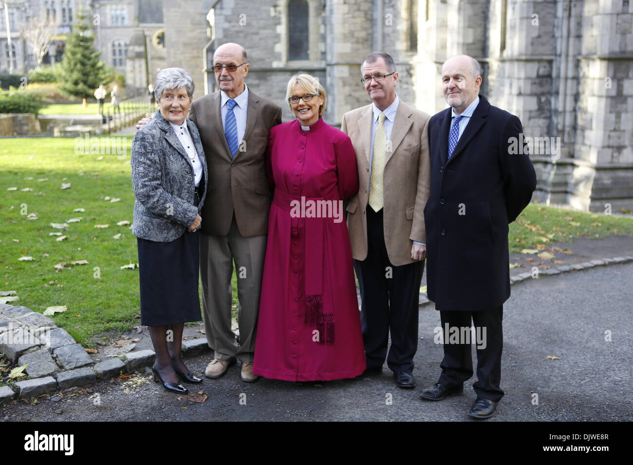 Dublin, Ireland. 30th November 2013. The bishop-elect the Revd Pat Storey (M) is pictured with her step-mother Noelle Shaw (L), her father Norman Shaw (2 L), her brother Stephen Shaw (2 R) and her husband the Revd Earl Storey (R) before the service. The Most Revd Pat Storey has been consecrated as Church of Ireland Bishop of Meath and Kildare in Dublin's Christ Church Cathedral. Credit:  Michael Debets/Alamy Live News Stock Photo