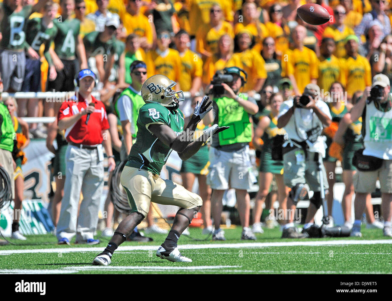 Oct. 2, 2010 - Waco, Texas, United States of America - Baylor Bears wide receiver Kendall Wright #1 makes a catch for a big gain in the fourth quarter of their game at Floyd Casey Stadium in Waco, Texas.  Baylor wins 55-7. (Credit Image: © Manny Flores/Southcreek Global/ZUMApress.com) Stock Photo