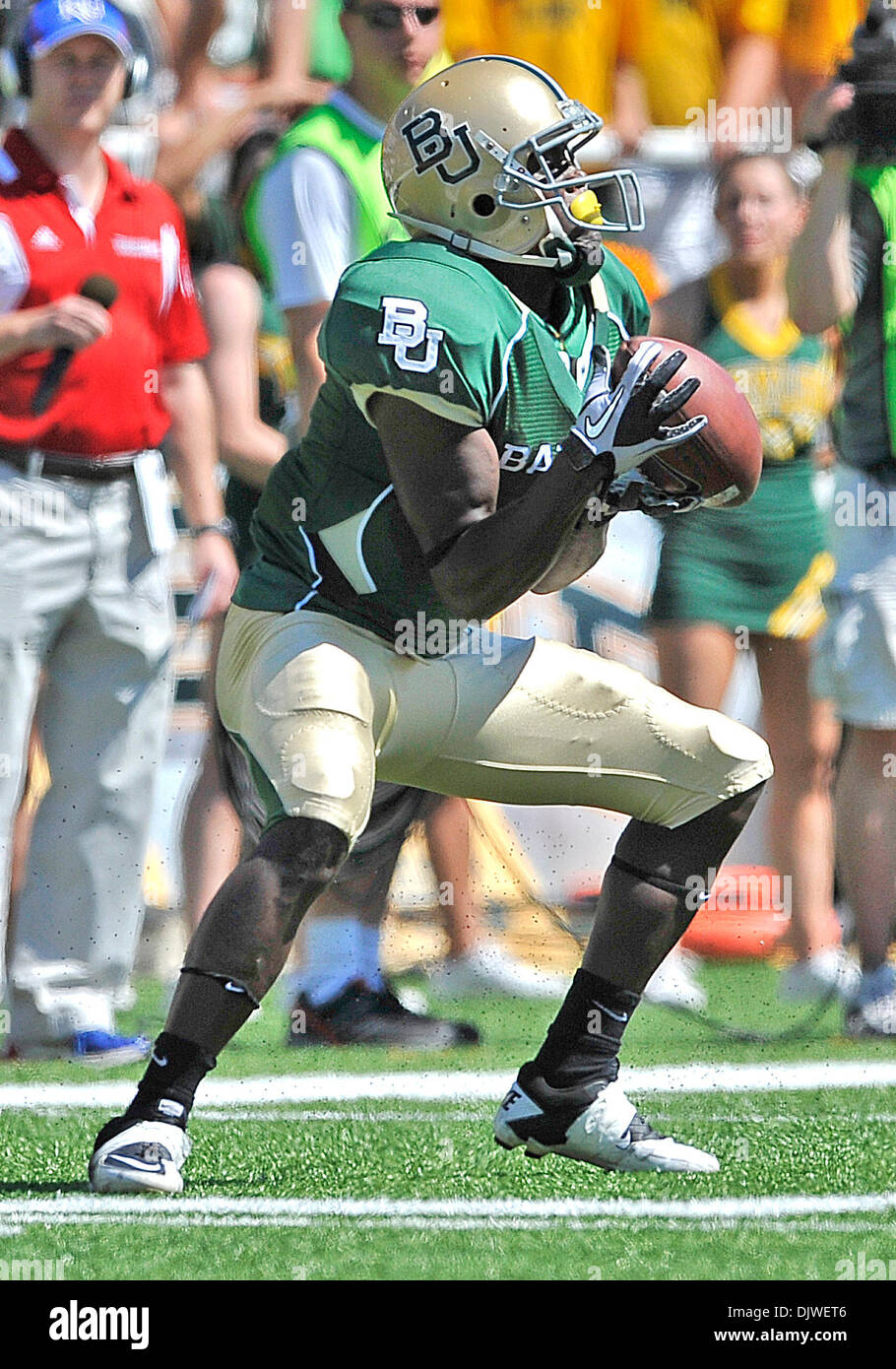 Oct. 2, 2010 - Waco, Texas, United States of America - Baylor Bears wide receiver Kendall Wright #1 makes a catch for a big gain in the fourth quarter of their game at Floyd Casey Stadium in Waco, Texas.  Baylor wins 55-7. (Credit Image: © Manny Flores/Southcreek Global/ZUMApress.com) Stock Photo