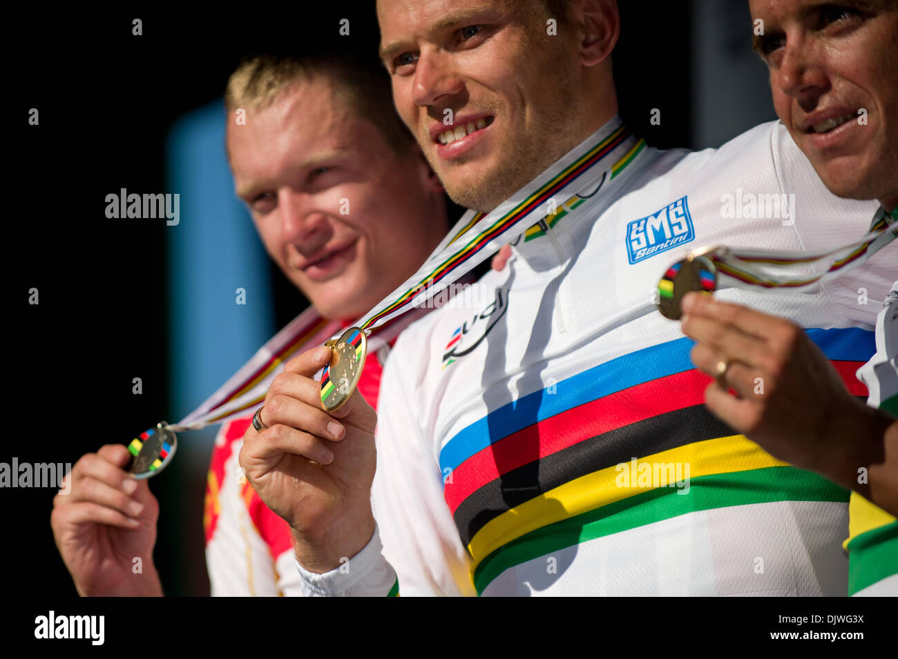 Oct. 3, 2010 - Geelong, Victoria, Australia - The medalists show off their medals (L to R) Matti Breschel (DEN) silver, Thor Hushovd (NOR) gold, and Allan Davis (AUS) bronze at the 2010 UCI Road World Championships Elite Men Road Race in Geelong, Victoria, Australia. (Credit Image: © Sydney Low/Southcreek Global/ZUMApress.com) Stock Photo
