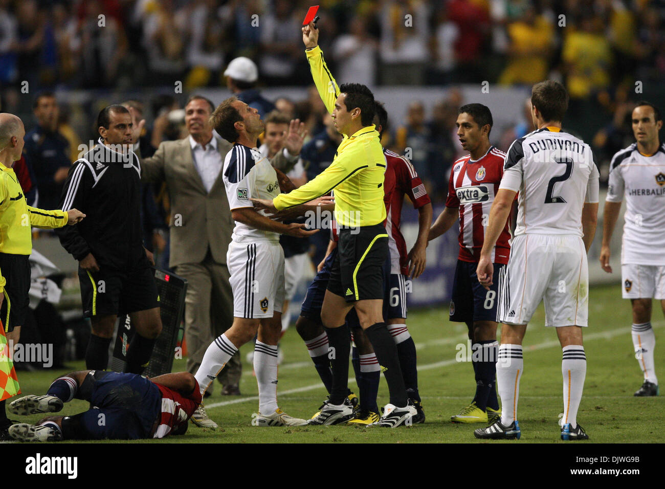 Oct. 3, 2010 - Carson, California, United States of America - Los Angeles Galaxy midfielder Eddie Lewis #6 (L) gets red carded during the Chivas USA vs Los Angeles Galaxy game at the Home Depot Center. The Galaxy went on to defeat Club Depotivo Chivas USA with final score of 2-1. (Credit Image: © Brandon Parry/Southcreek Global/ZUMApress.com) Stock Photo
