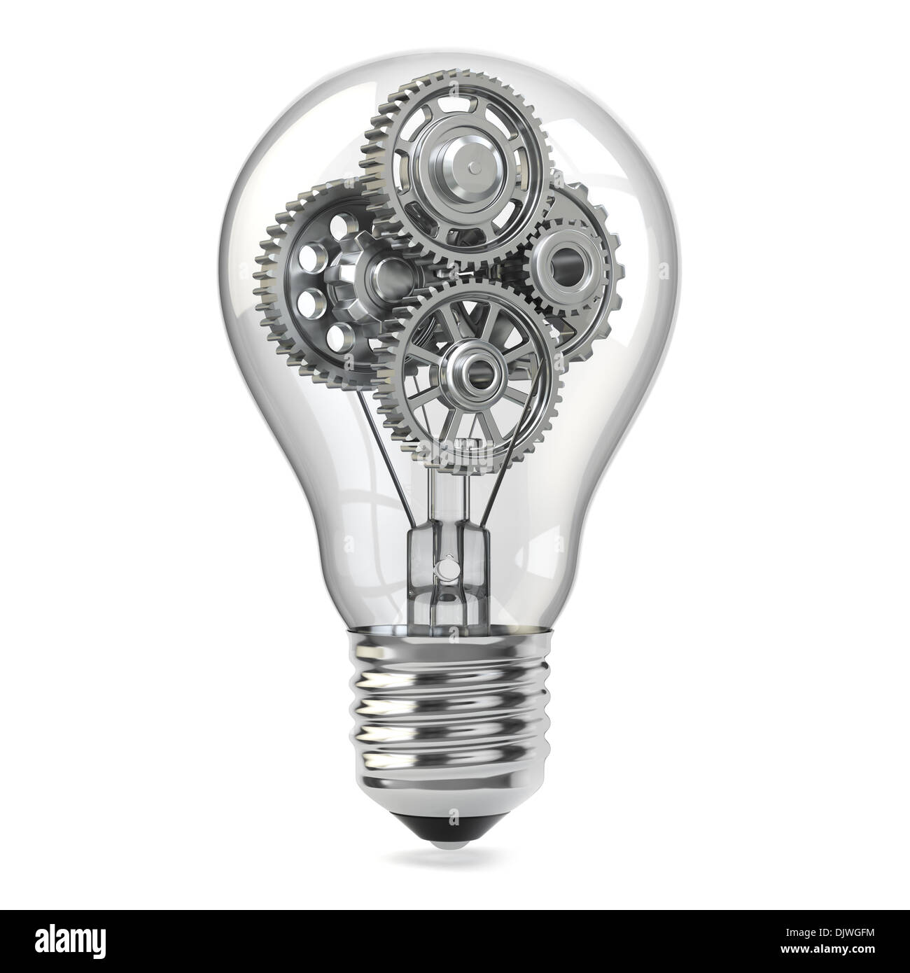 Lamp bulb and gears. Perpetuum mobile idea concept. 3d Stock Photo
