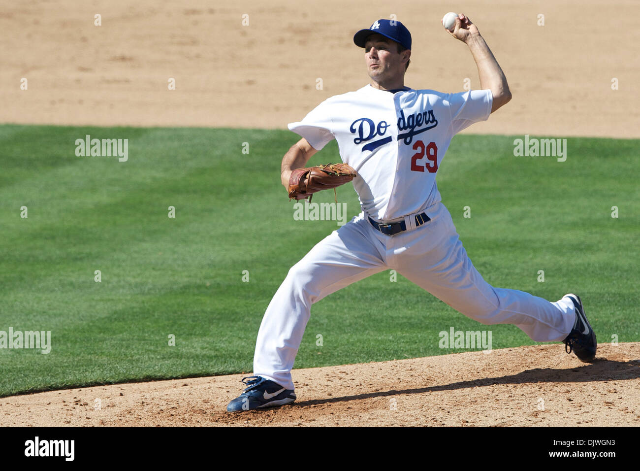 Oct. 3, 2010 - Los Angeles, California, United States of America - Los Angeles Dodgers starting pitcher Ted Lilly (29) would be the winning pitcher in the final game of the season for the Los Angeles Dodgers, as the Dodgers defeated the Arizona Diamondbacks 3-1 at Dodger Stadium. (Credit Image: © Tony Leon/Southcreek Global/ZUMApress.com) Stock Photo