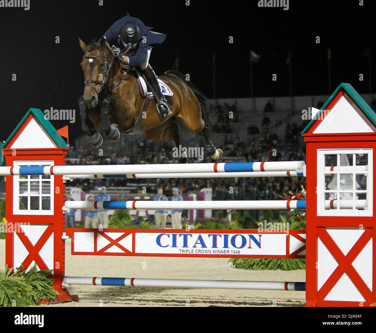 Oct. 6, 2010 - Lexington, Kentucky, USA - France's Patrice Delaveau, took  Kathina Mail through the course as they took Silver in the team jumping competition at the Alltech FEI World Equestrian Games  on Wednesday  October 6 , 2010 in Lexington, Ky. Photo by Mark Cornelison | Staff. (Credit Image: © Lexington Herald-Leader/ZUMApress.com) Stock Photo