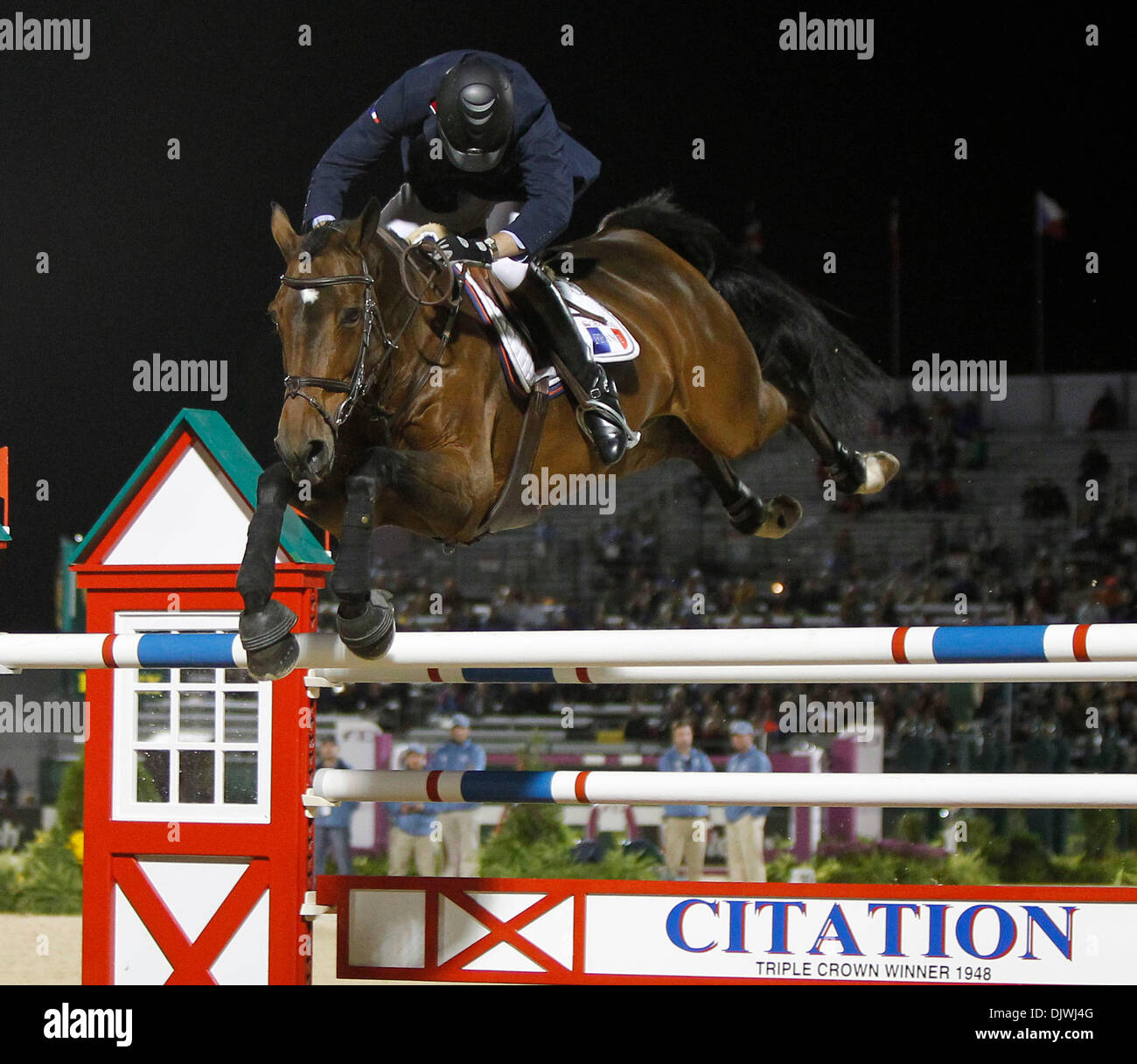 Oct. 6, 2010 - Lexington, Kentucky, USA - France's Patrice Delaveau, took  Kathina Mail through the course as they took Silver in the team jumping competition at the Alltech FEI World Equestrian Games  on Wednesday  October 6 , 2010 in Lexington, Ky. Photo by Mark Cornelison | Staff. (Credit Image: © Lexington Herald-Leader/ZUMApress.com) Stock Photo