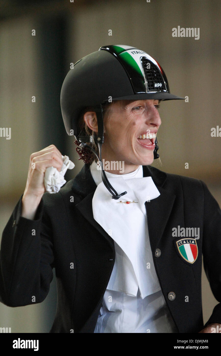 Oct. 8, 2010 - Lexington, Ky., US - Italy's Sara Morganti on Dollaro de Villanova celebrated thier score of 74.150 in the para dressage freestyle test  grade 1a during the Alltech FEI World Equestrian Games at the Kentucky Horse Park in  Lexington, Ky., on Friday,Oct. 8, 2010.  After taking the lead, Morganti ended the day in fourth place. Photo by Pablo Alcala | Staff (Credit Imag Stock Photo