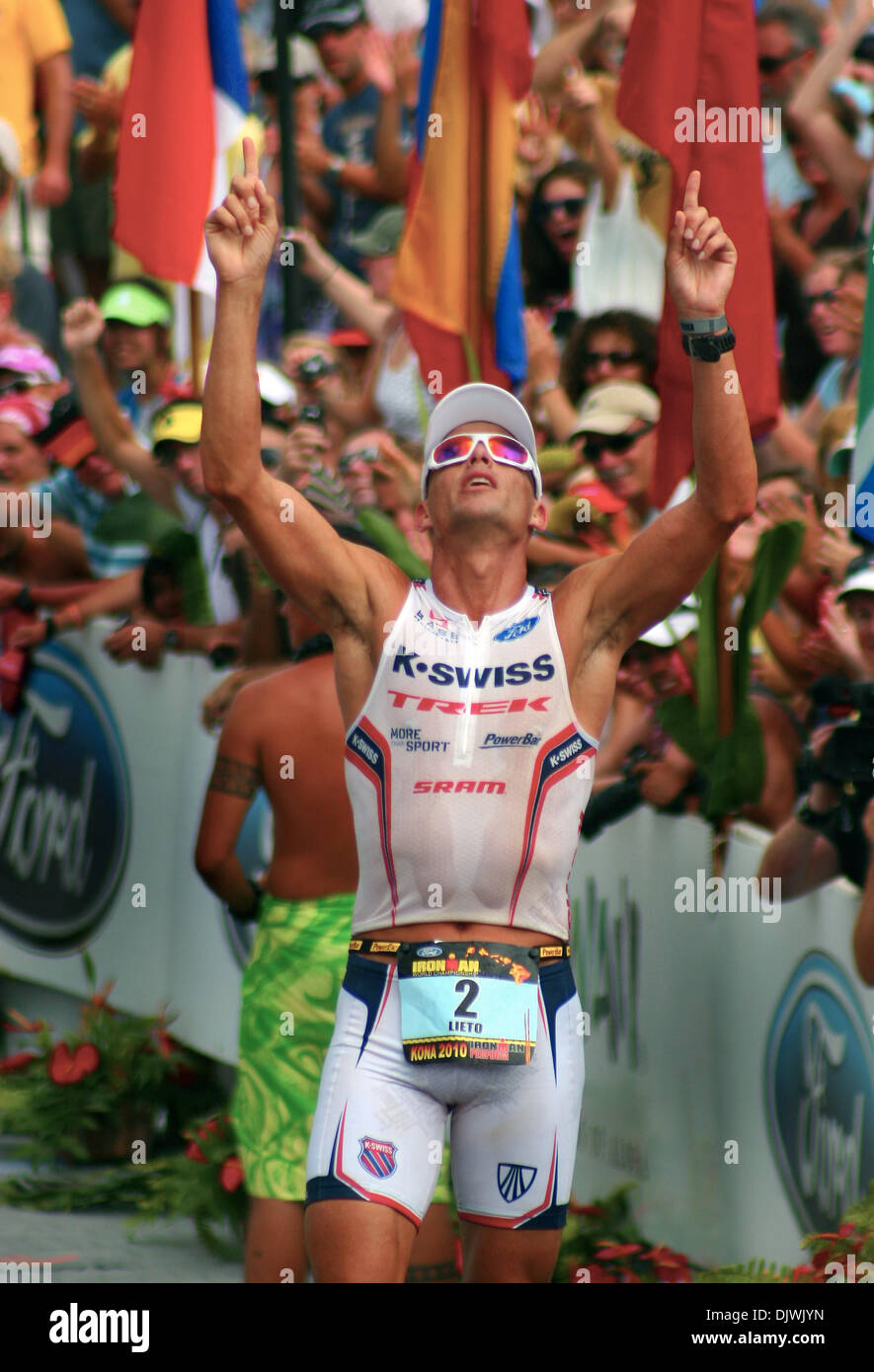 Oct 9, 2010 - Big Island, Hawaii, U.S. - Professional athlete CHRIS LIETO thanks the heavens after crossing the finish line in 11th place at the Ford Ironman World Championships from Kailua-Kona. (Credit Image: © L.E. Baskow/ZUMApress.com) Stock Photo