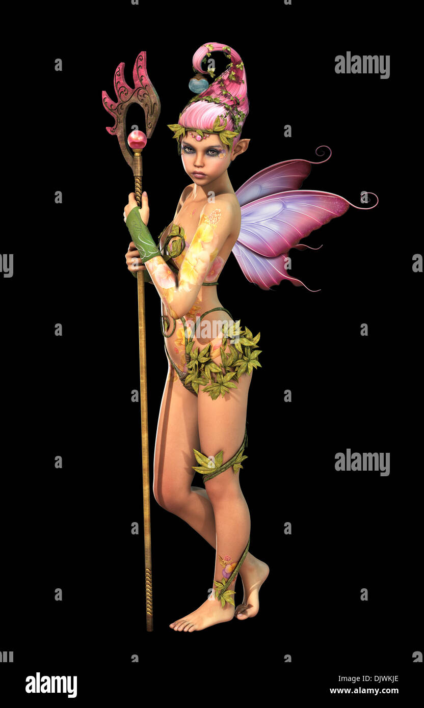 3D computer graphics of a cute fairy with a magic staff and butterfly wings Stock Photo