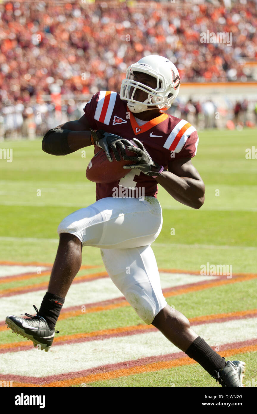 Oct. 9, 2010 - Blacksburg, Virginia, United States of America - Virginia Tech TB David Wilson (#4) celebrates after running 68 yards for a touchdown early in the 4th quarter to put the Hokies up 38-7 at Lane Stadium in Blacksburg, Virginia. Virginia Tech defeated Central Michigan 45-21. (Credit Image: © Rassi Borneo/Southcreek Global/ZUMApress.com) Stock Photo