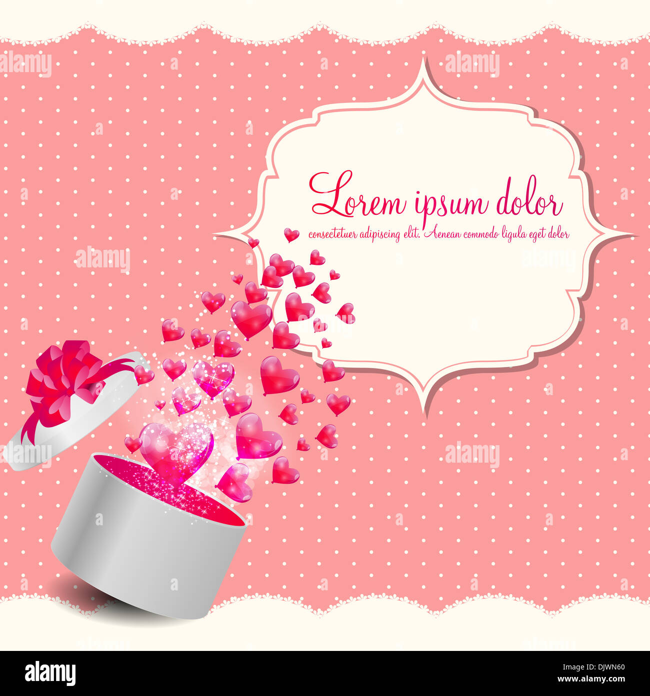 Valentines Day Card with Gift Box and Heart Shaped Balloons, Vector ...