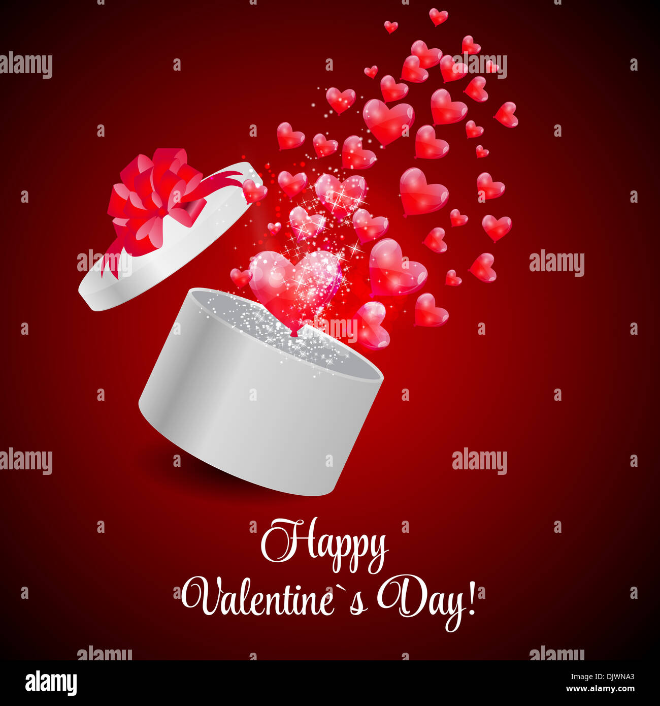 Valentines Day Card with Gift Box and Heart Shaped Balloons, Vector ...