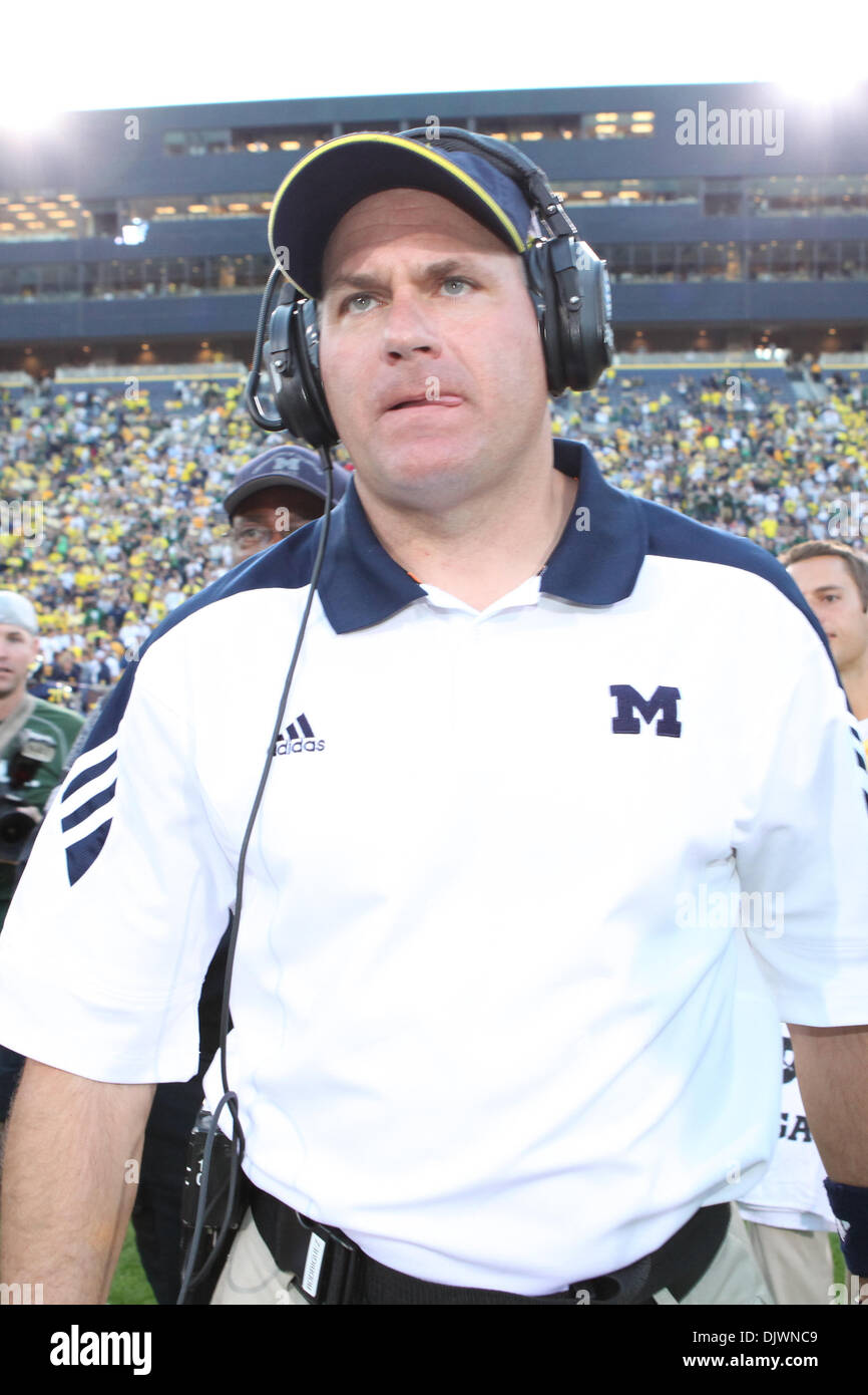 Oct. 9, 2010 - Ann Arbor, Michigan, United States of America - Michigan Wolverines head coach Rich Rodriguez after the game against the Michigan State Spartans at Michigan Stadium. Michigan State defeated Michigan 34 -17. (Credit Image: © Rey Del Rio/Southcreek Global/ZUMApress.com) Stock Photo