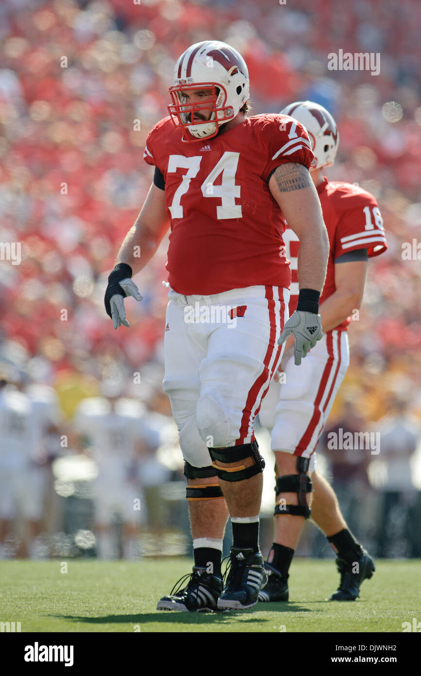 Oct. 09, 2010 - Madison, Wisconsin, United States of America - Wisconsin offensive guard John Moffitt (74) during the game between the Minnesota Golden Gophers and the Wisconsin Badgers at Camp Randall Stadium, Madison, Wisconsin.  Wisconsin defeated Minnesota 41-23. (Credit Image: © John Rowland/Southcreek Global/ZUMApress.com) Stock Photo