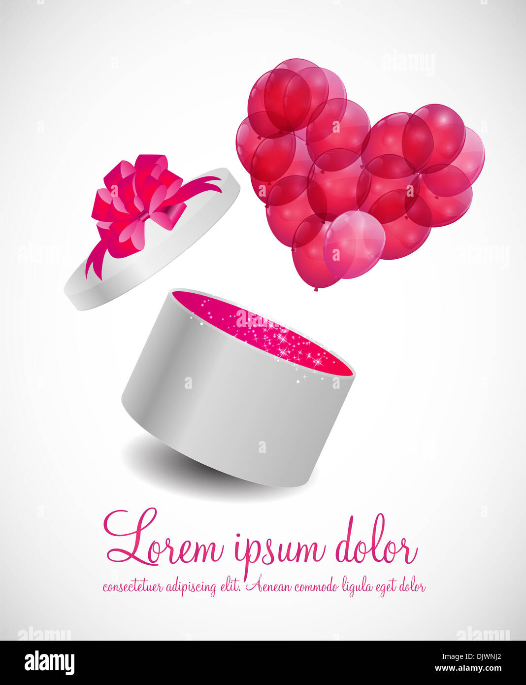 Valentines Day Card with Gift Box and Heart Shaped Balloons, Vector ...