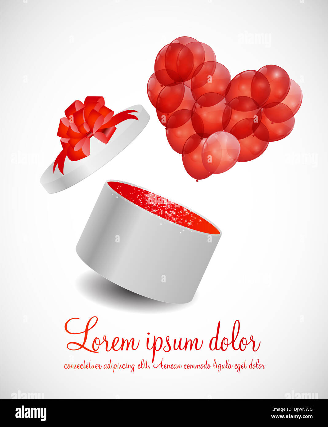 Valentines Day Card with Gift Box and Heart Shaped Balloons, Vector ...