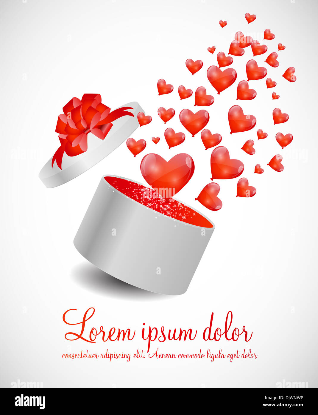 Valentines Day Card with Gift Box and Heart Shaped Balloons, Vector ...