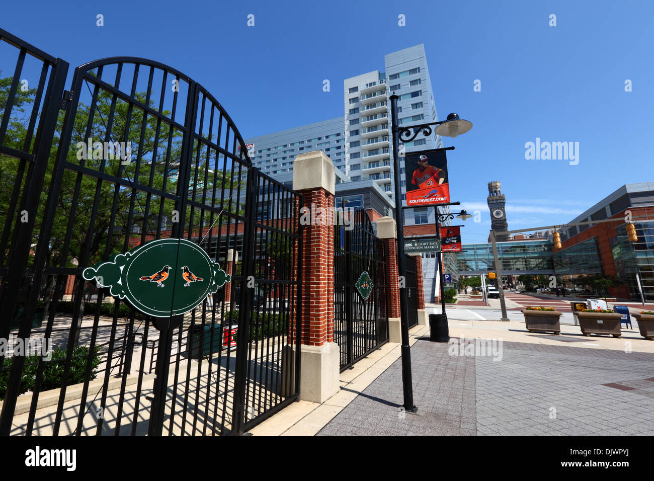 Entrance to Oriole Park (home of Baltimore Orioles), Hilton Hotel and Bromo Seltzer tower in background, Baltimore, USA Stock Photo
