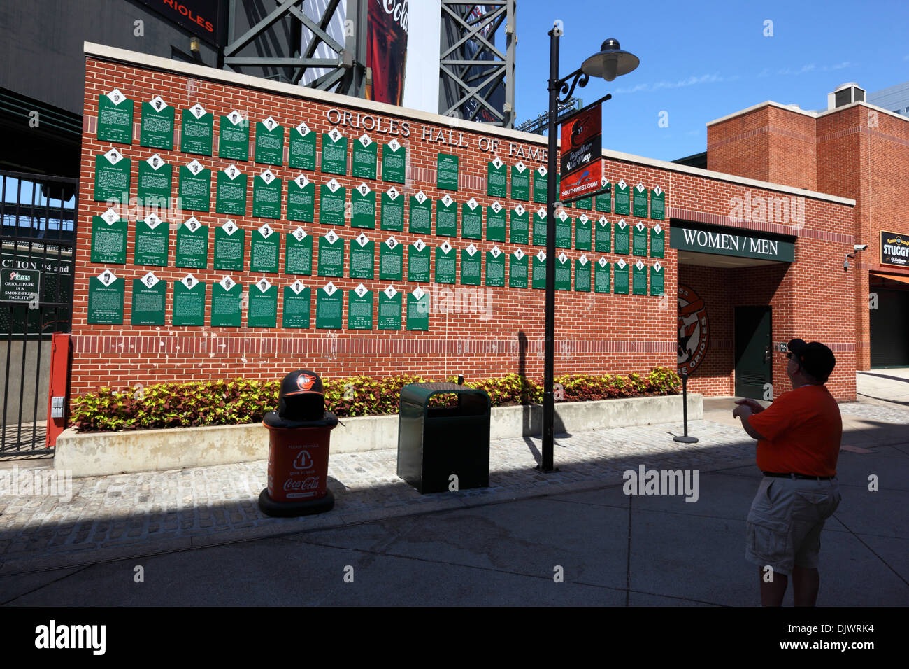 Fan looking at Hall of Fame in Oriole Park, home of Baltimore Orioles baseball team, Camden Yards Sports Complex, Baltimore, USA Stock Photo