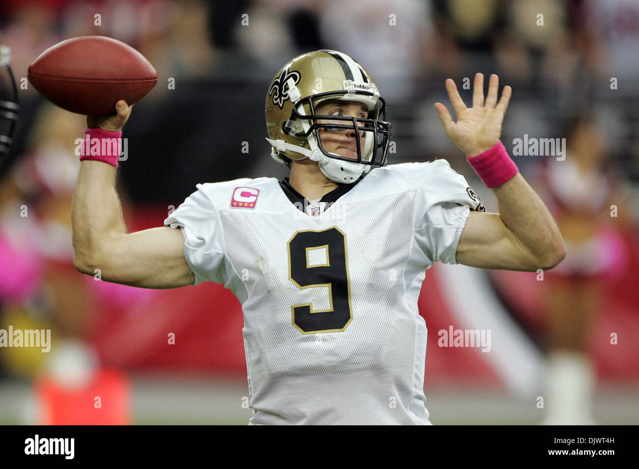 Oct. 10, 2010 - Glendale, Arizona, United States of America - New Orleans Saints quarterback Drew Brees (#9) unleashes a pass during a game against the Arizona Cardinals at University of Phoenix Stadium in Glendale, Arizona.  The Cardinals defeated the Saints 30-20. (Credit Image: © Gene Lower/Southcreek Global/ZUMApress.com) Stock Photo