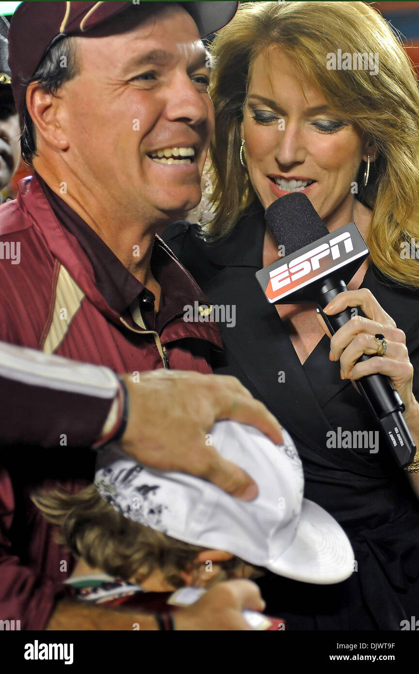 Oct. 10, 2010 - Miami, Florida, United States of America - October 9, 2010: FSU Head Coach Jimbo Fisher is all smiles after FSU knocked off the Hurricanes in the teams' annual rivalry game. FSU defeated Miami 45-17 at Sun Life Stadium in Miami, Florida. (Credit Image: © Mike Olivella/ZUMApress.com) Stock Photo