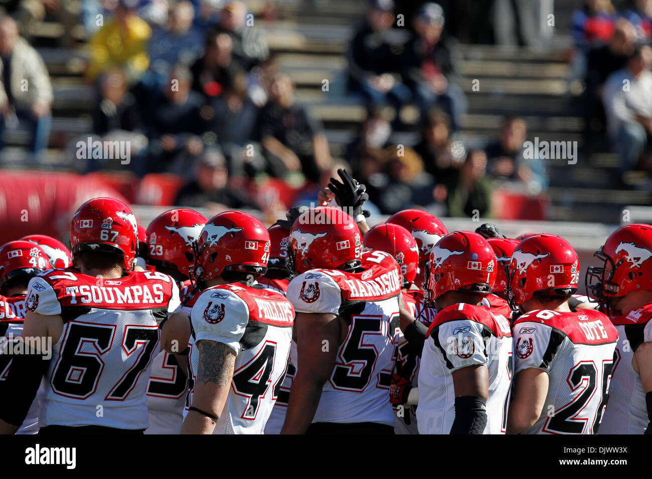 Oct. 11, 2010 - Montreal, Quebec, Canada - Calgary Stampeders huddle prior to the CFL game between the Calgary Stampeders and the Montreal Alouettes at Percival-Molson Stadium. Montreal won 46-19. (Credit Image: © Phillippe Champoux/Southcreek Global/ZUMApress.com) Stock Photo