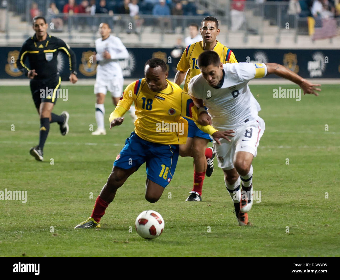 Oct 12, 2010 - Chester, Pennsylvania, U.S. - MLS Soccer - USA'S CLINT DEMPSEY and Colombia's CAMILO ZUNIGA fight for the ball. The USA and Colombia played an International Friendly match at PPL Park in Chester. (Credit Image: © Ricky Fitchett/ZUMApress.com) Stock Photo