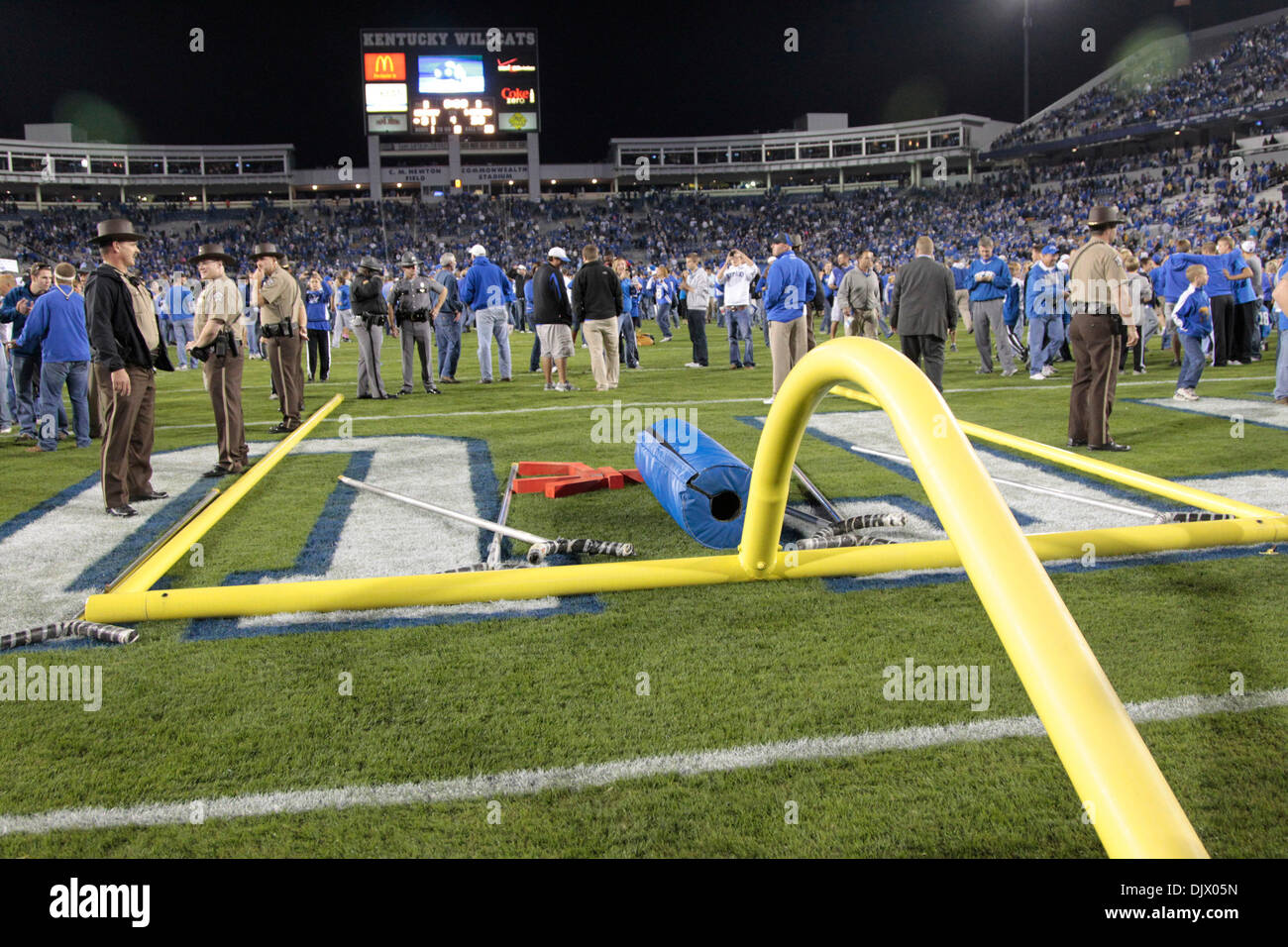 Oct. 16, 2010 - Lexington, Ky., US -  State police guarded the goal posts as UK fans stormed the field after the South Carolina at Kentucky football game at Commonwealth Stadium in Lexington, Ky., on Saturday Oct. 16, 2010. UK won 31-28.  Photo by Pablo Alcala | Staff (Credit Image: © Lexington Herald-Leader/ZUMApress.com) Stock Photo