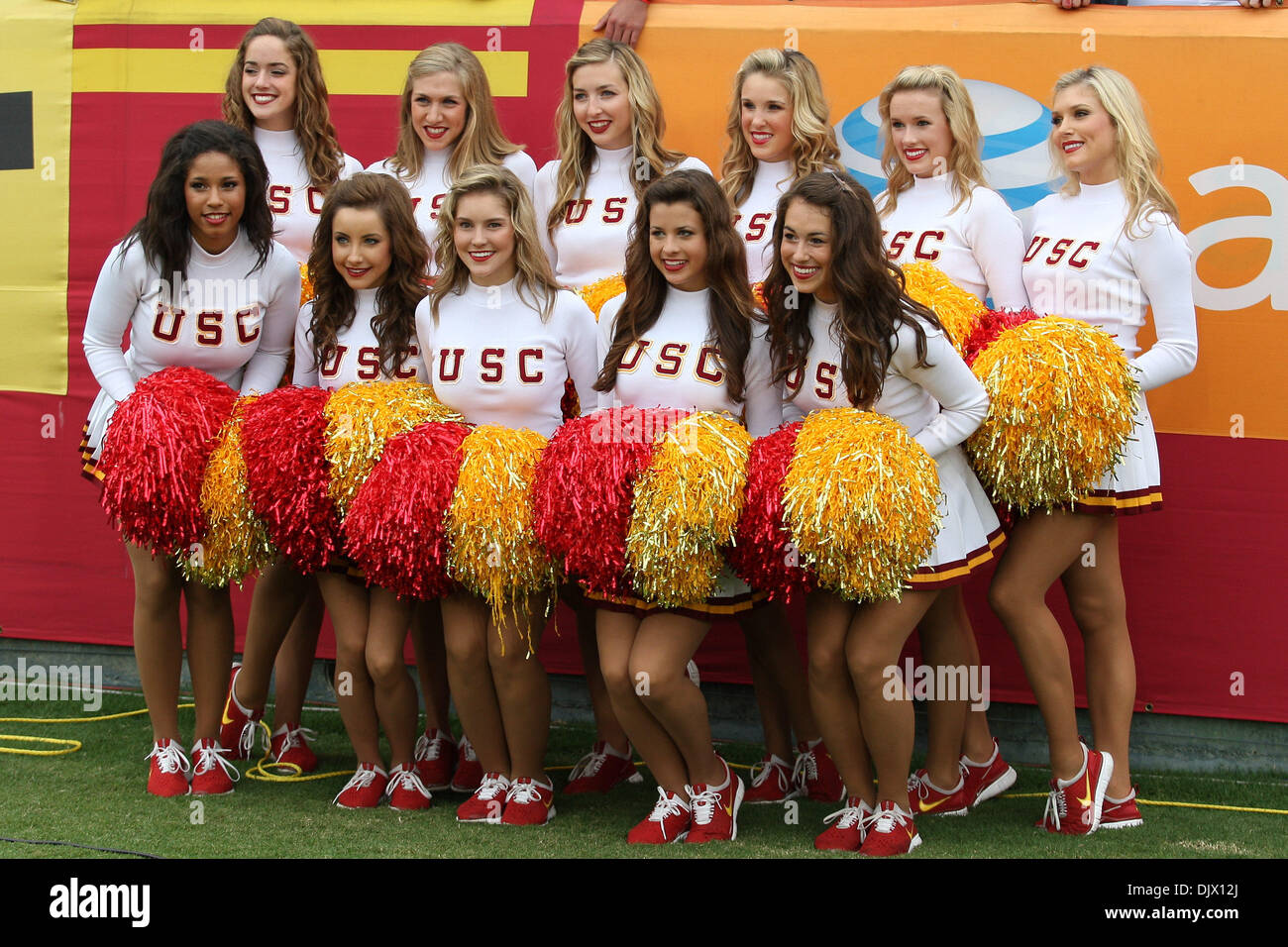 Oct. 16, 2010 - Los Angeles, California, United States of America - The USC cheerleaders pose for a group photo before the USC Trojans vs California Golden Bears game at the Los Angeles Memorial Coliseum. The Trojans went on to defeat the Golden Bears with a final score of 48-14. (Credit Image: © Brandon Parry/Southcreek Global/ZUMApress.com) Stock Photo