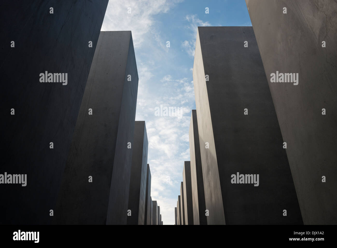 Abstract view of towering concrete slabs at the Holocaust Memorial in Berlin, Germany, Europe. Stock Photo