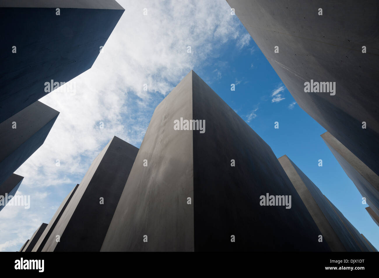 Abstract view of towering concrete slabs at the Holocaust Memorial in Berlin, Germany, Europe. Stock Photo