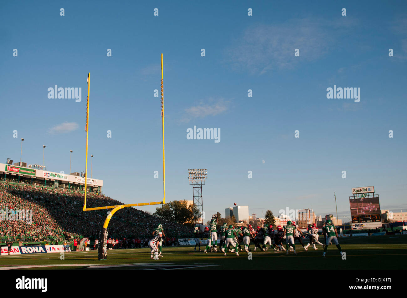 Oct. 17, 2010 - Regina, Saskatchewan, Canada - The Calgary Stampeders kick a field goal in action during the Saskatchewan RoughrIders vs Calgary Stampeders game at Mosaic Stadium in Regina. The Calgary Stampeders defeated the Saskatchewan Roughriders 34-26. (Credit Image: © Derek Mortensen/Southcreek Global/ZUMApress.com) Stock Photo